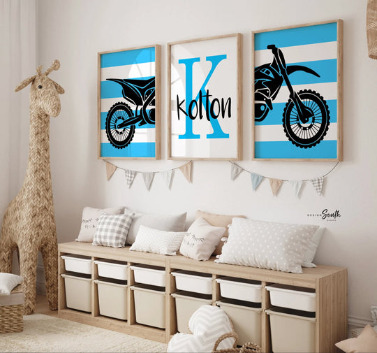 Motocross home decor children, dirt bike toddler art prints, motocross themed room ideas, personalized kid's name, blue black sport bike art