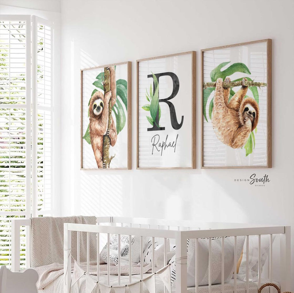 Sloth wall art set, kids hanging sloth in nature, sloth kids room personalized name gift, animal lover nursery gift, wall art kid decor name