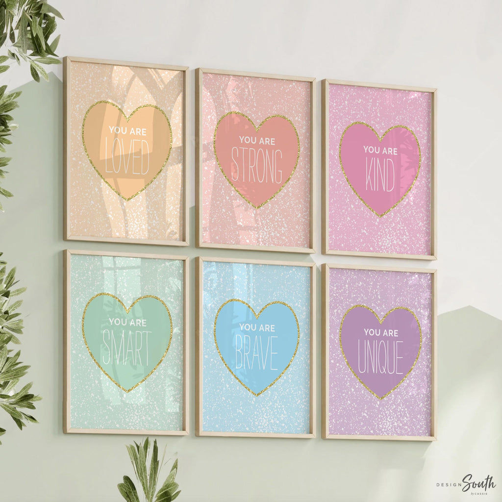 Pastel rainbow heart theme, heart themed wall art for girl bedroom decor, colorful rainbow magical look girl room style, pastel girl nursery