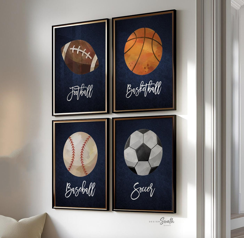 Little boy sports room theme, sports kids wall art print, vintage sports decor, set of 4 sports balls, football baseball basketball children
