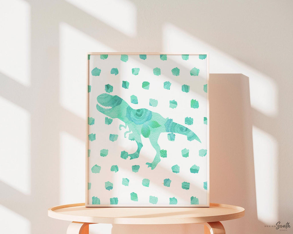 Pink teal dinosaurs, floral rose girly dinosaur wall art, little girl room dinosaur themed, pink floral dinosaur art prints, colorful dinos