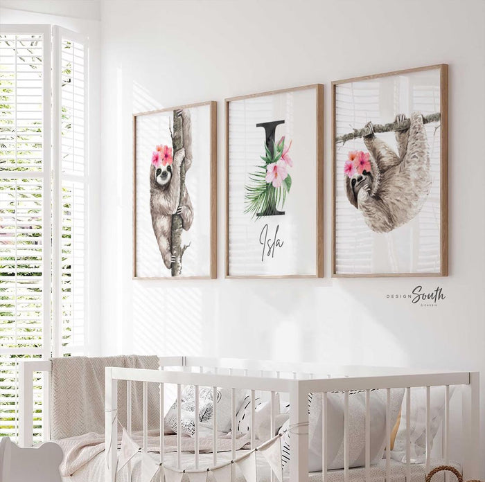 Sloth decor for nursery or bedroom, sloth themed baby shower gift girl, little girl bedroom wall ideas, sloth wall art print set, sloth pink