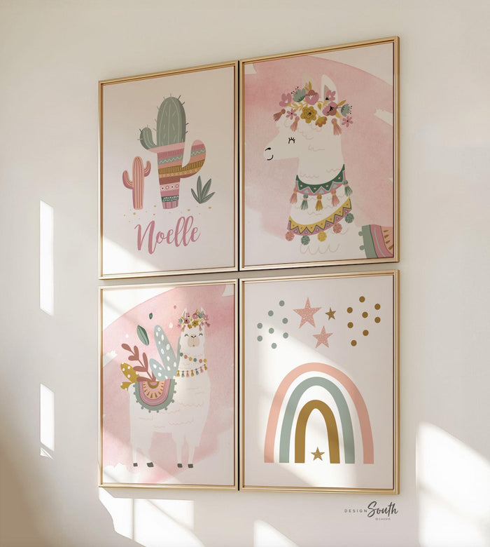 Boho nursery decor, boho nursery wall art idea, print set llama mauve pink succulents, llama themed baby room, wall decor girl bedroom llama