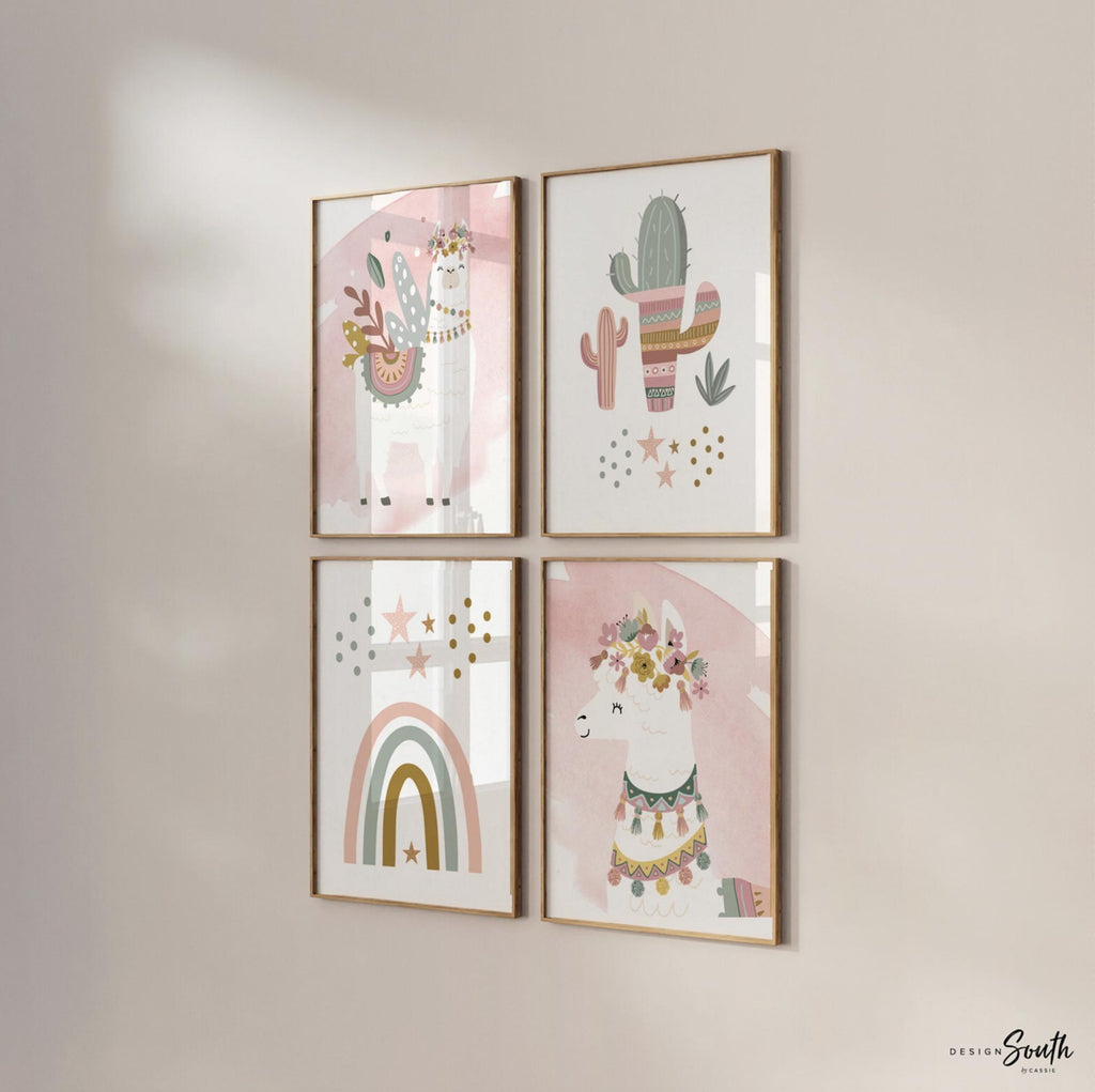 Boho nursery decor, boho nursery wall art idea, print set llama mauve pink succulents, llama themed baby room, wall decor girl bedroom llama