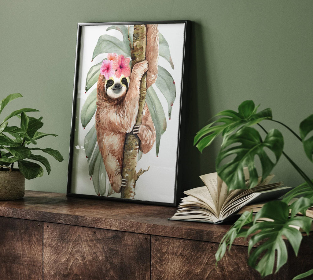 Girl sloth wall art set featuring charming sloth designs, perfect for a baby girl&#39;s nursery. This personalized sloth-themed art adds a playful and tropical touch to any girl&#39;s room decor. Ideal for creating a fun and cozy space with jungle-inspired sloth illustrations. Great for sloth nursery ideas for girls, this wall art can be customized with the girl&#39;s name for a unique and personal feel. Perfect for baby showers, birthdays, or new nursery decorations.