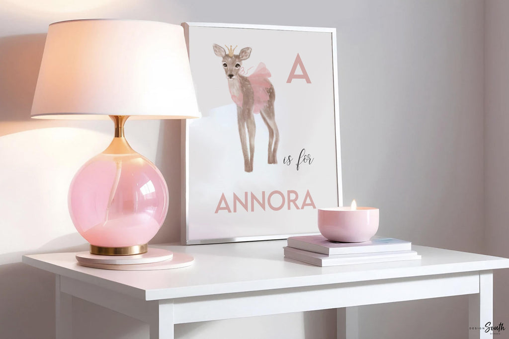 A is for name print personalized, fawn deer baby art, baby girl monogram baby deer, newborn baby gifts, dance tutu ballerina art, pink deer
