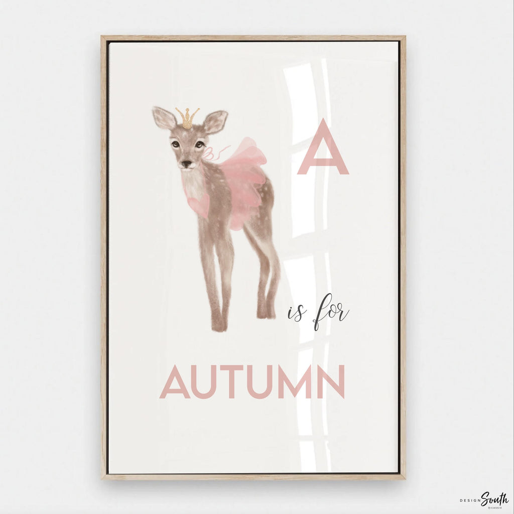 A is for name print personalized, fawn deer baby art, baby girl monogram baby deer, newborn baby gifts, dance tutu ballerina art, pink deer