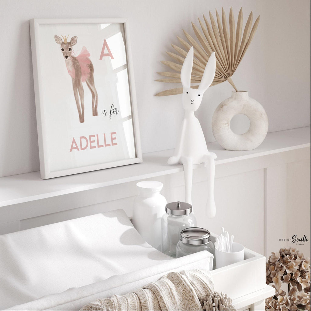 A is for name print personalized, fawn deer baby art, baby girl monogram baby deer, newborn baby gifts, dance tutu ballerina art, pink deer
