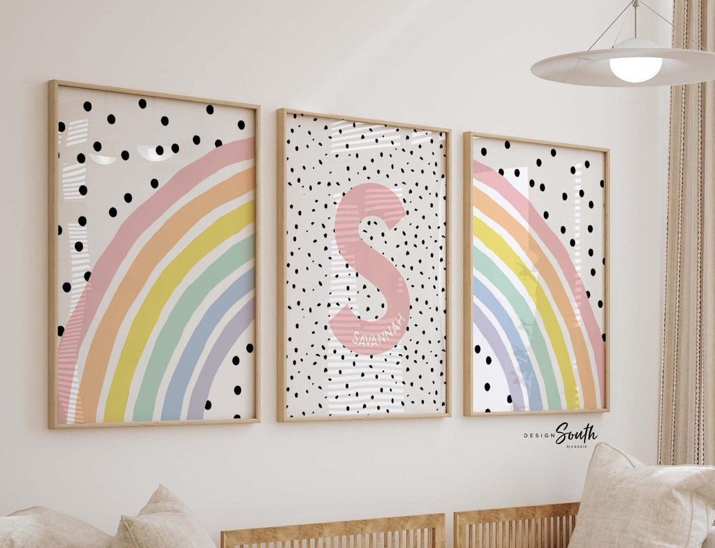 Nursery wall decor, monogram print for girls, pastel baby name art, prints for girl bedroom, playroom print set rainbow, girl&#39;s monogram art