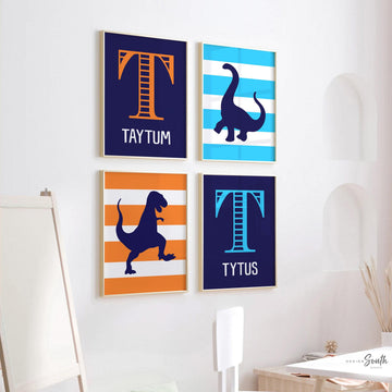 Brothers dinosaur bedroom wall art, orange blue navy dinosaur toddler kids room, boys shared bedroom wall art, decor brothers room art ideas