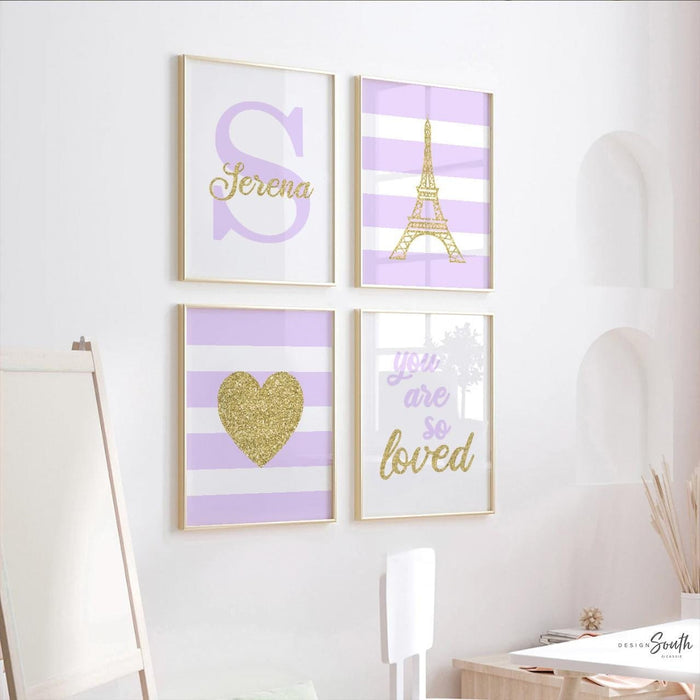 Purple paris girl print, purple gold paris room art, gold eiffel tower, girl's personalized name sparkly paris themed, art print set paris