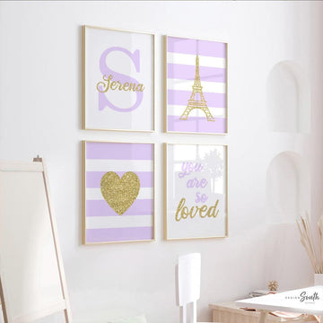 Purple paris girl print, purple gold paris room art, gold eiffel tower, girls personalized name sparkly paris themed, art print set paris