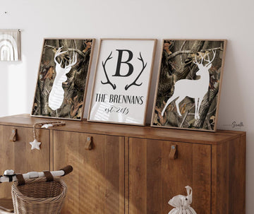 Rustic hunting home decor, camouflage buck deer, rustic family monogram signs, hunting decor, hunting sign, family name sign deer wall decor