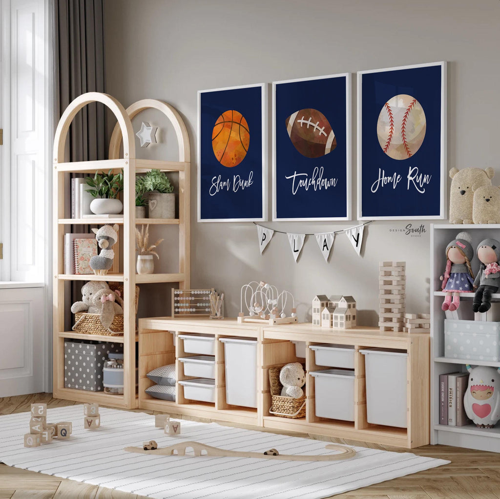 Sports room decor for boys, basketball football baseball prints boys room, nursery decor boys wall art navy blue sports balls, playroom idea