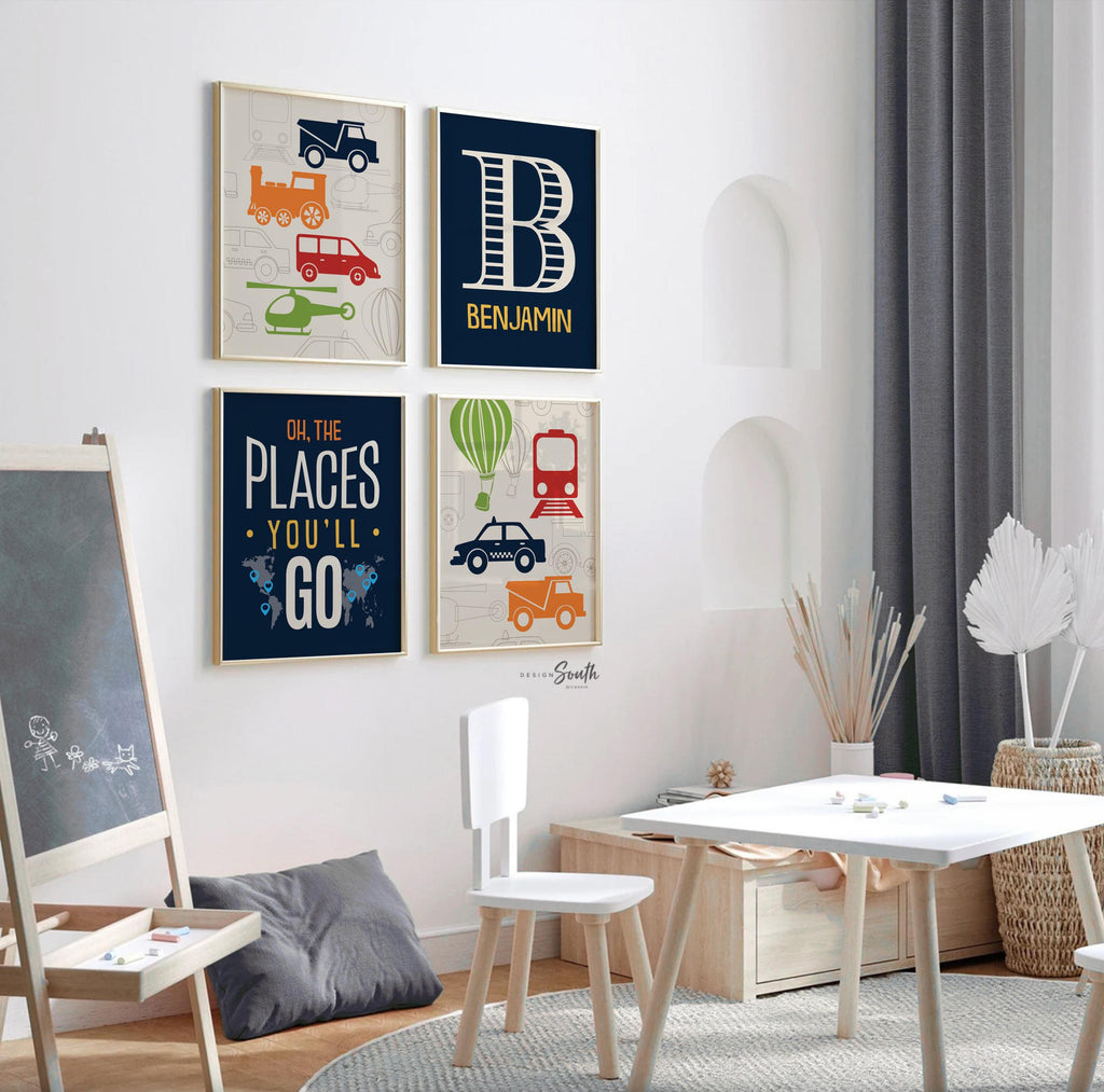Transportation nursery decor, blue, red, orange, oh the places youll go, personalized print, name, transportation prints, helicopter, train