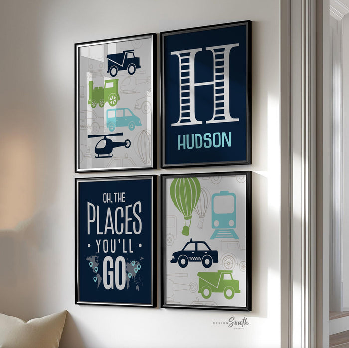Transportation nursery decor, blue, green, aqua, oh the places you'll go, personalized print, name, transportation prints, helicopter, train