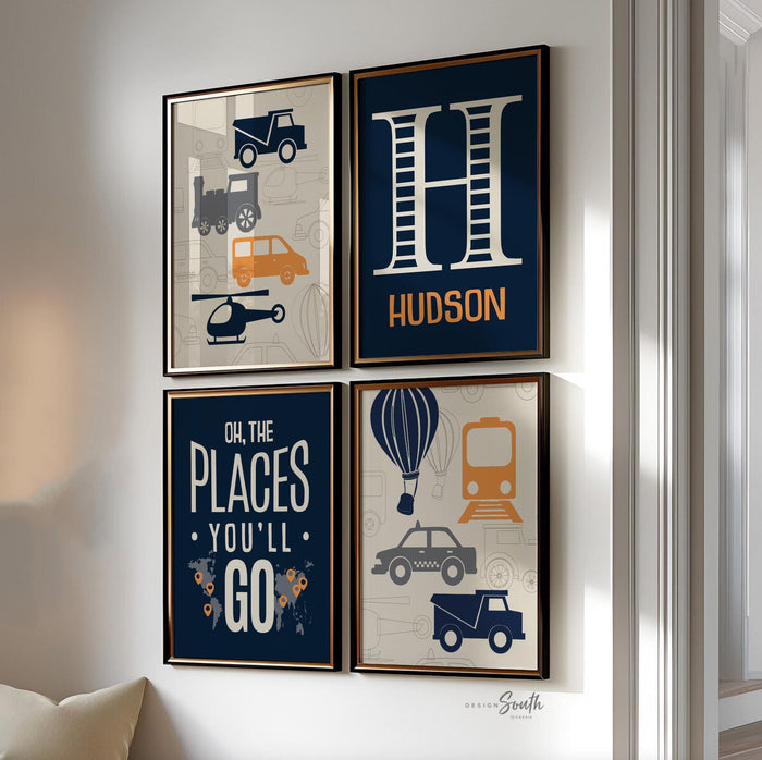 Transportation theme nursery decor, gray orange navy blue oh the places you'll go, personalized print transportation helicopter train decor