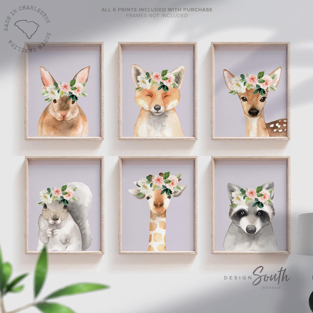 Lilac nursery art, girls room wall art animals, flower crowns, lilac wall art, kid room prints, woodland deer bunny fox, watercolor animals