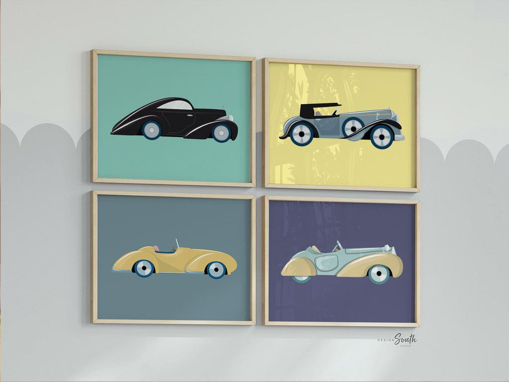 Vintage car and truck decor printable art, vintage baby boy nursery decor, boys bedroom decor blues yellows, playroom vintage car wall art