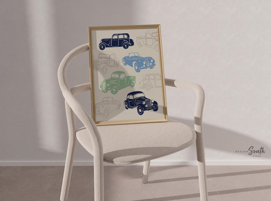 Boys room car theme green and blue, big boy bedroom ideas, boys personalized car art, wall art for boys cars, vintage cars trucks blue green