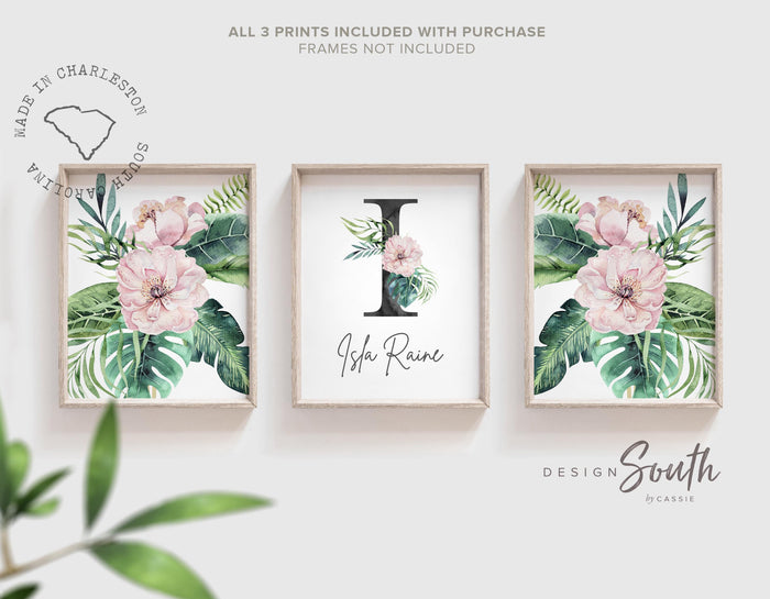 Floral baby nursery wall art decor, tropical floral nursery art, baby wall decor ideas, green pink floral themed nursery, personalized name