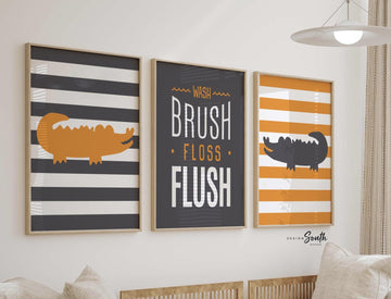 Alligator bathroom decor, boys bathroom decor, orange and gray bathroom, bathroom wall art, wash, brush, floss, flush, alligator theme, art