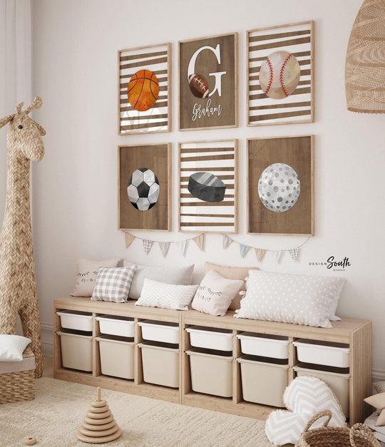 Rustic industrial kids room sports decor, modern sports nursery art set, industrial kids playroom decor, gift for boy sports theme, kid room