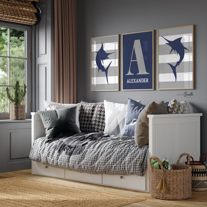 Big boy bedroom wall art, deep sea fishing marlin, personalized name baby boy, saltwater fish kids room decor, gift for boy fisherman child