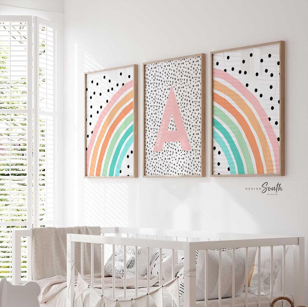 Pastel nursery, rainbow modern baby girl orange wall art, pastel orange teal girl bedroom decor, girl personalized name sign rainbow themed