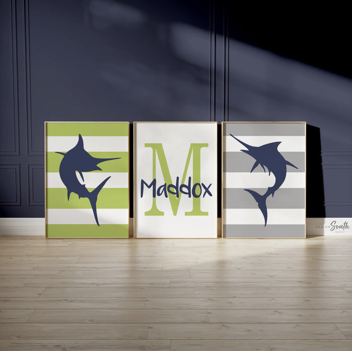Marlin fish gift for boy, deep sea fishing wall art prints fishing nursery, boy saltwater fishing art, boy fishing bedroom personalized name