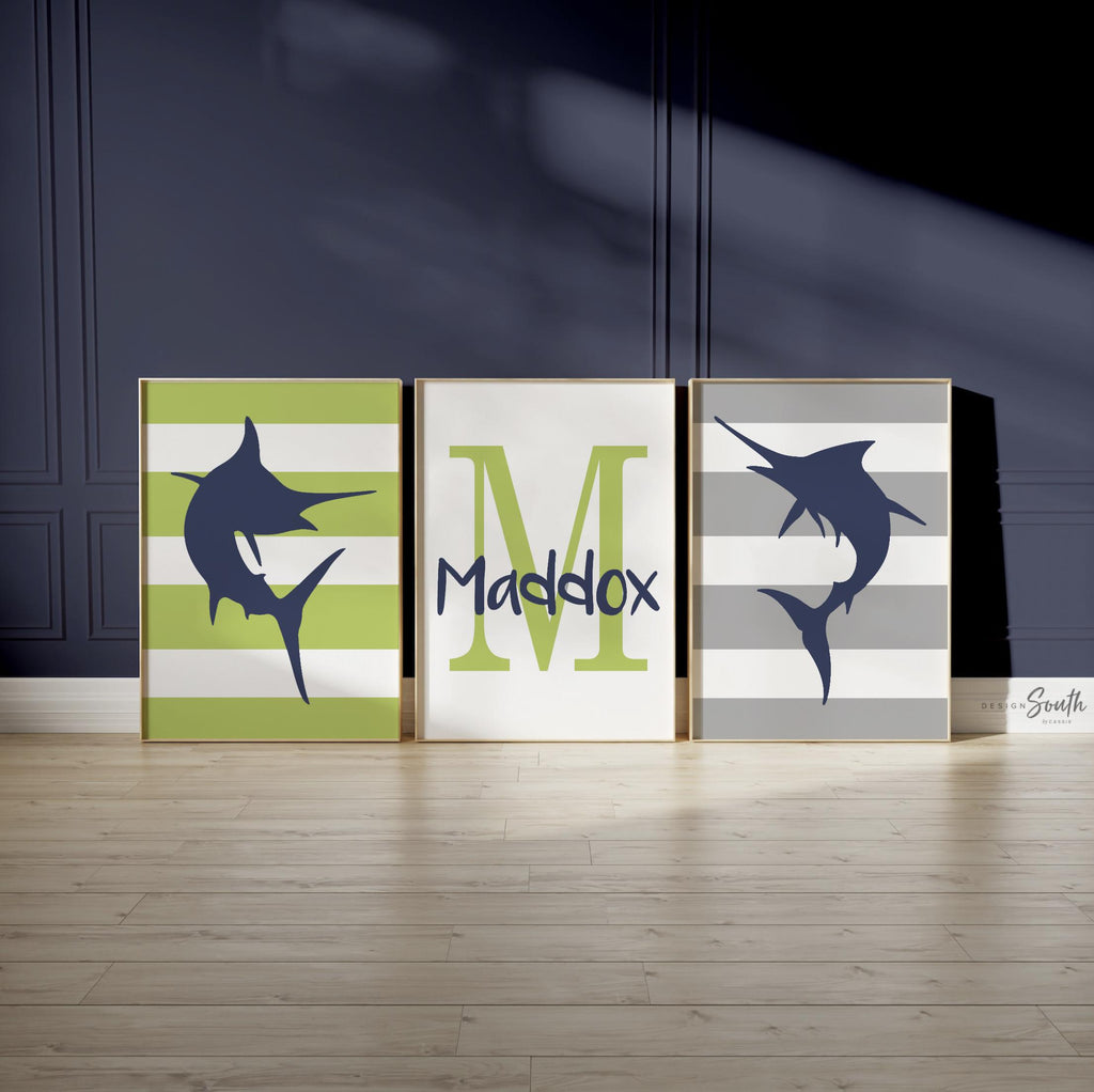 Marlin fish gift for boy, deep sea fishing wall art prints fishing nursery, boy saltwater fishing art, boy fishing bedroom personalized name