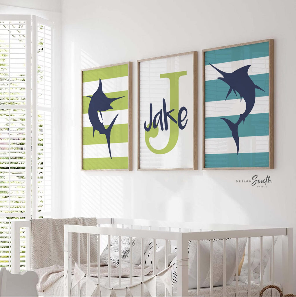 Boys nursery decor marlin fish jumping, navy turquoise lime green, boys room ocean fish decor, gift for boy fish, playroom toddler wall idea