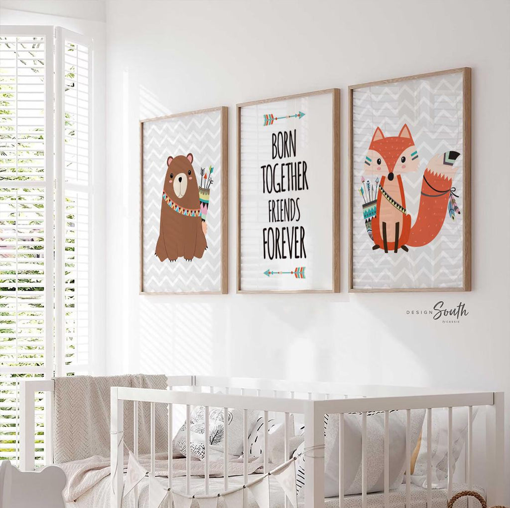 Twin boys woodland, twin boy nursery, twin boy decor, twin nursery art, twin nursery decor bear fox born together friends forever, twin fox