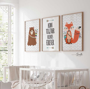 Twin boys woodland, twin boy nursery, twin boy decor, twin nursery art, twin nursery decor bear fox born together friends forever, twin fox