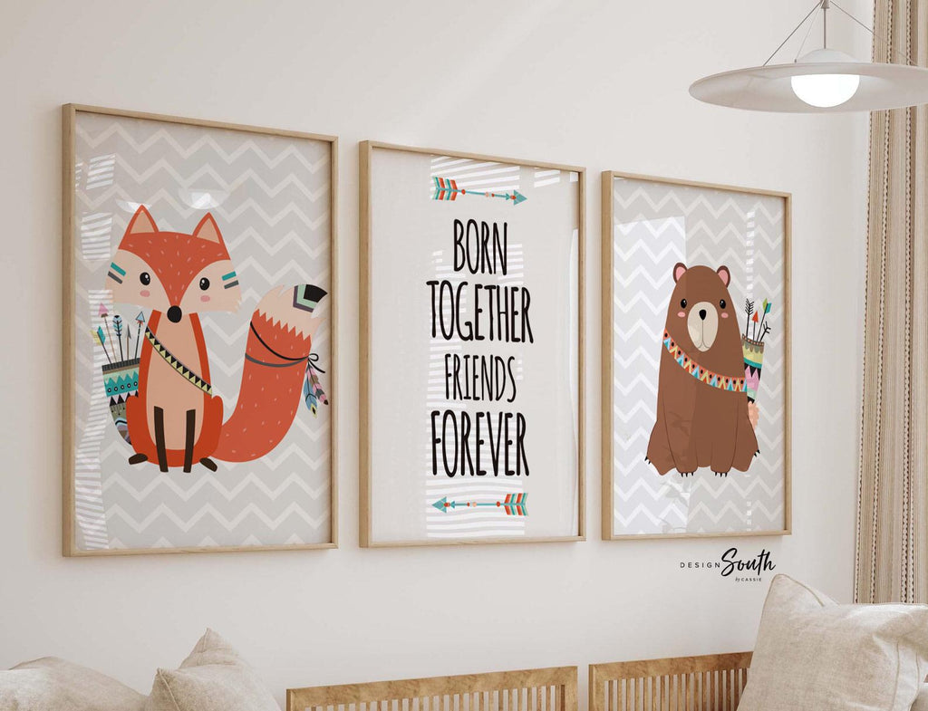 Twin boys woodland, twin boy nursery, twin boy decor, twin nursery art, twin nursery decor bear fox born together friends forever, twin fox