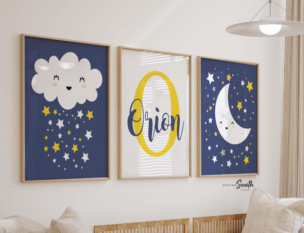 Boys navy blue and yellow nursery, yellow moon and stars, boys nursery moon star clouds theme art, boys name print, nursery monogram for boy