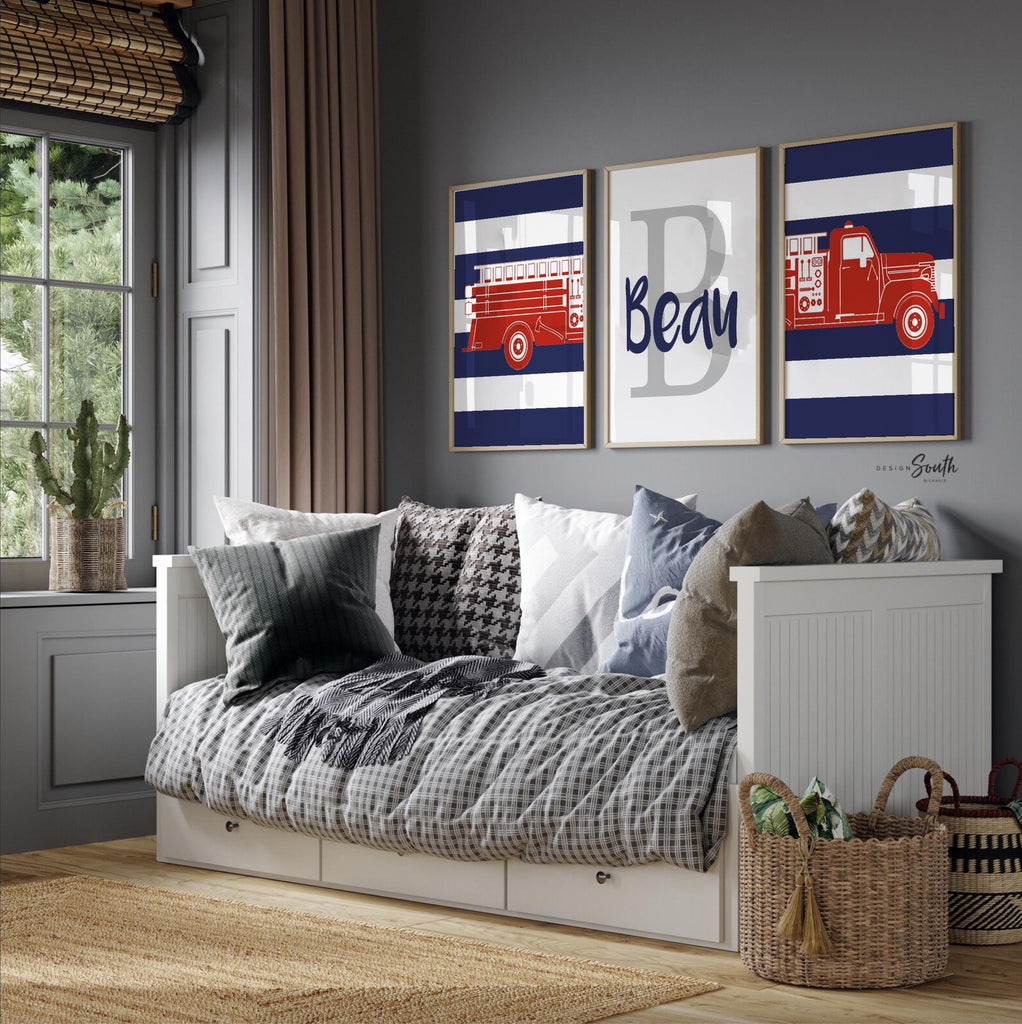 Fire truck boys bedroom theme decor, firefighter nursery art, navy blue and red firetruck art, boy firetruck decor, boy wall art firefighter