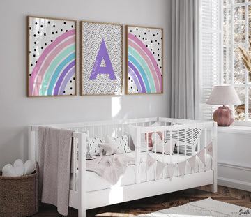 Rainbow girls initial name purple pink teal, dalmatian dot print nursery, trendy dot nursery decor, wall art for girls room personalized art