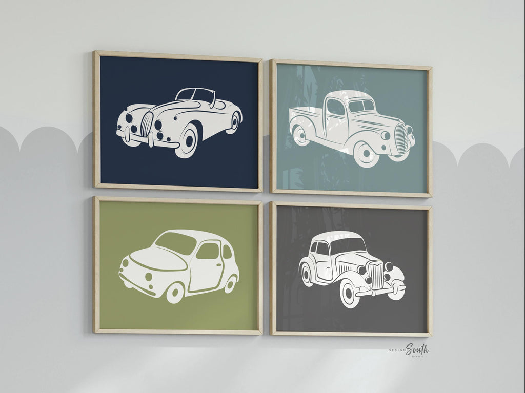 Vintage car and truck decor, vintage car decor, boys transportation prints, transportation nursery theme, boys car nursery, green blue gray