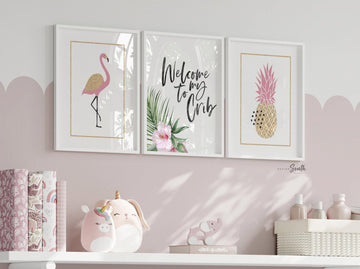 Welcome to my crib print art set, above crib tropical wall, flamingo nursery decor, baby room decor, newborn flamingo nursery pink and gold