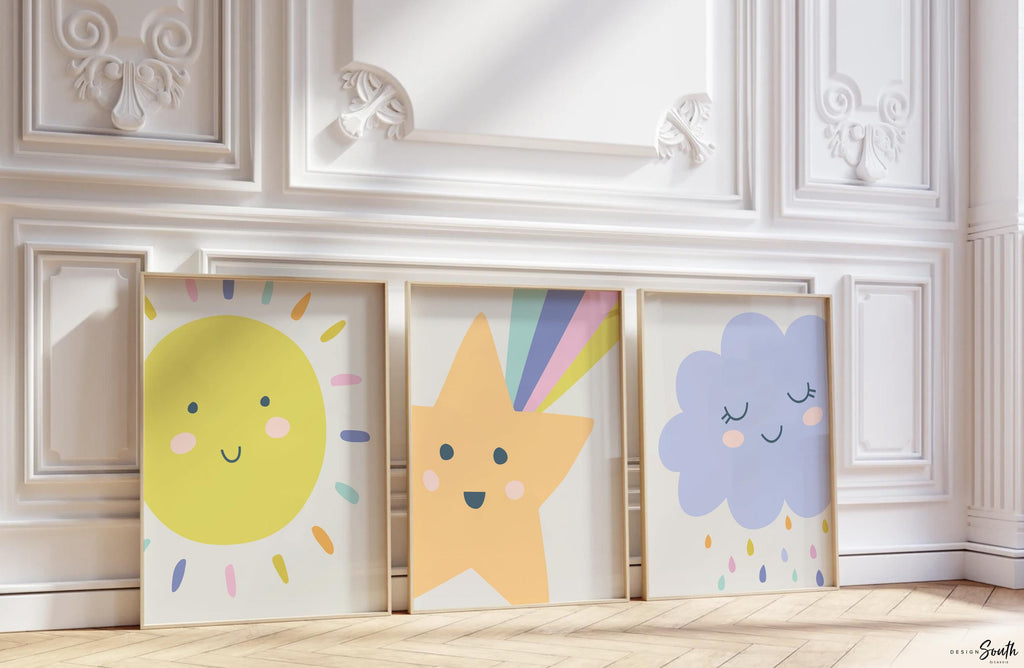 Bright pastel gender neutral nursery art, raincloud nursery art, pastel unisex nursery decor, modern trendy gender neutral nursery wall art