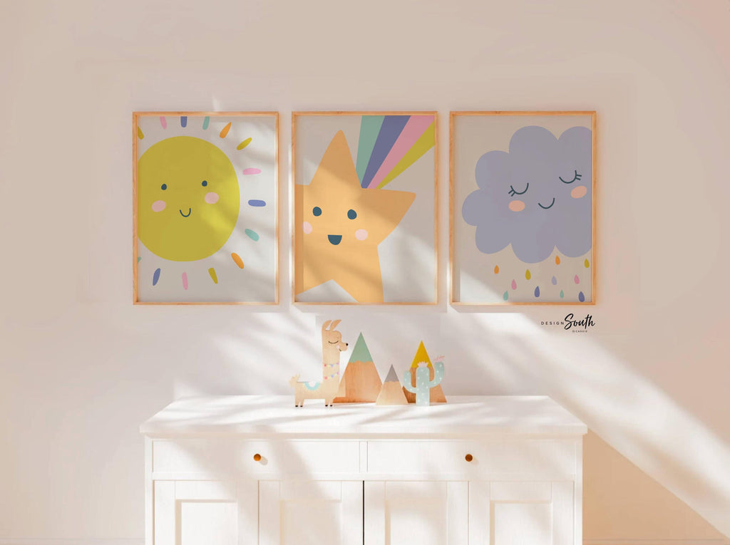 Bright pastel gender neutral nursery art, raincloud nursery art, pastel unisex nursery decor, modern trendy gender neutral nursery wall art