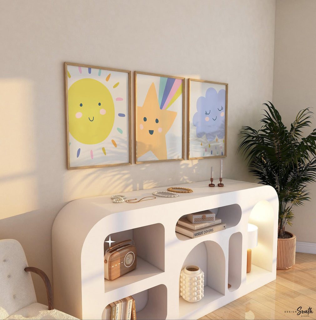 Bright pastel gender neutral nursery art, raincloud nursery art, pastel unisex nursery decor, modern trendy gender neutral nursery wall art