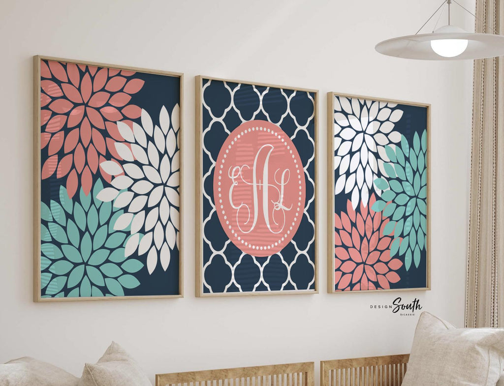 Teal coral girls room decor, nursery ideas baby girl, monogram nursery art, navy and coral, floral newborn baby gift for girl, shower gift