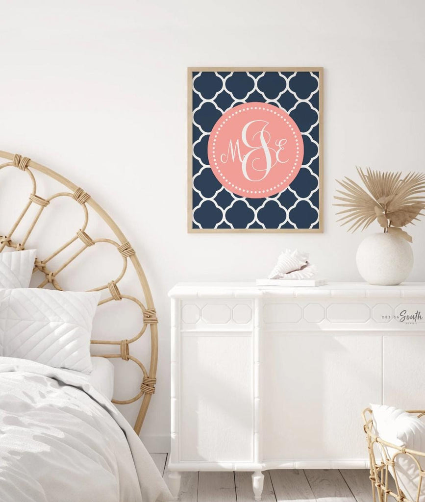 Teal coral girls room decor, nursery ideas baby girl, monogram nursery art, navy and coral, floral newborn baby gift for girl, shower gift