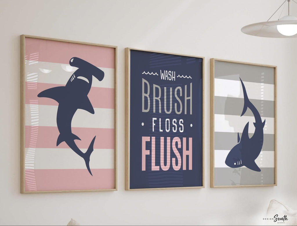 Nautical baby decor, girls nautical bathroom, girls pink sharks, pink and gray, shark theme girls, pink navy shark wall art prints, pink art