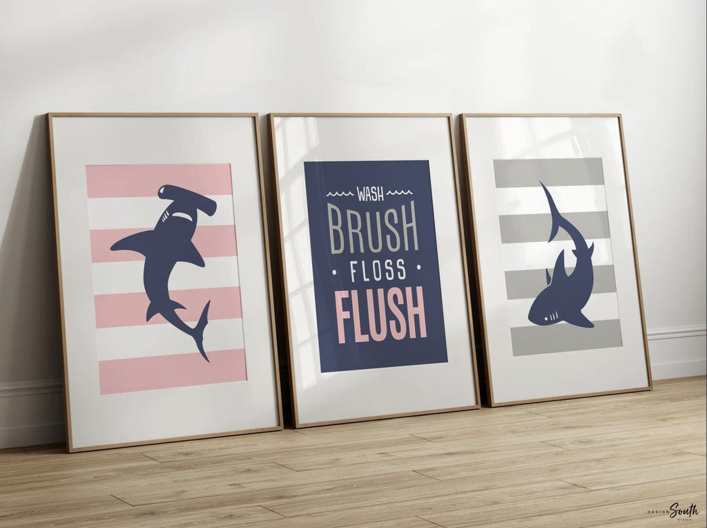 Nautical baby decor, girls nautical bathroom, girls pink sharks, pink and gray, shark theme girls, pink navy shark wall art prints, pink art