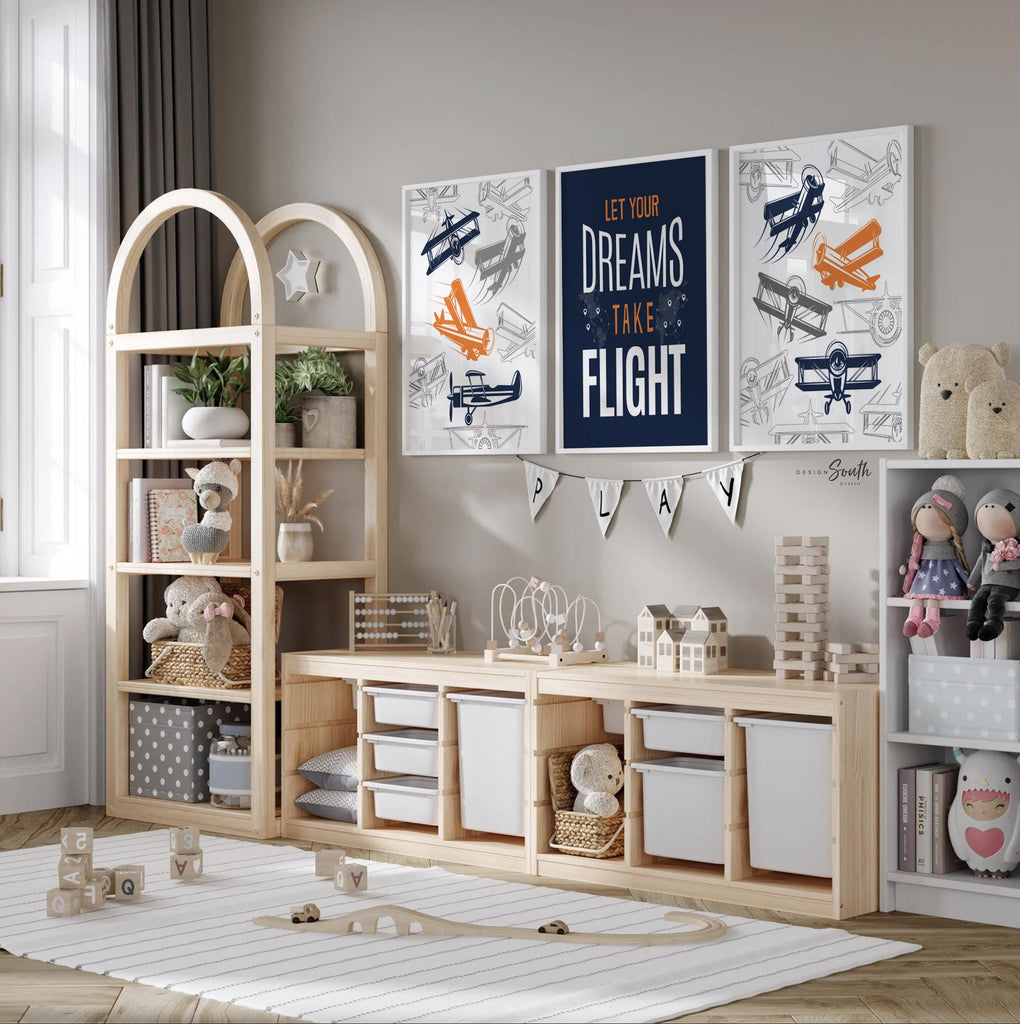Transform your child&#39;s space with airplane-themed boys&#39; bedroom wall decor. Perfect for a flight transportation-themed room, this collection brings the wonder of aviation to life. Ideal for airplane kids&#39; rooms, nurseries, or bedrooms, these prints capture the spirit of adventure and the thrill of flight. A thoughtful pilot-themed newborn gift, this artwork inspires imagination and dreams of soaring through the skies. Elevate any space with this charming aviation-inspired decor.