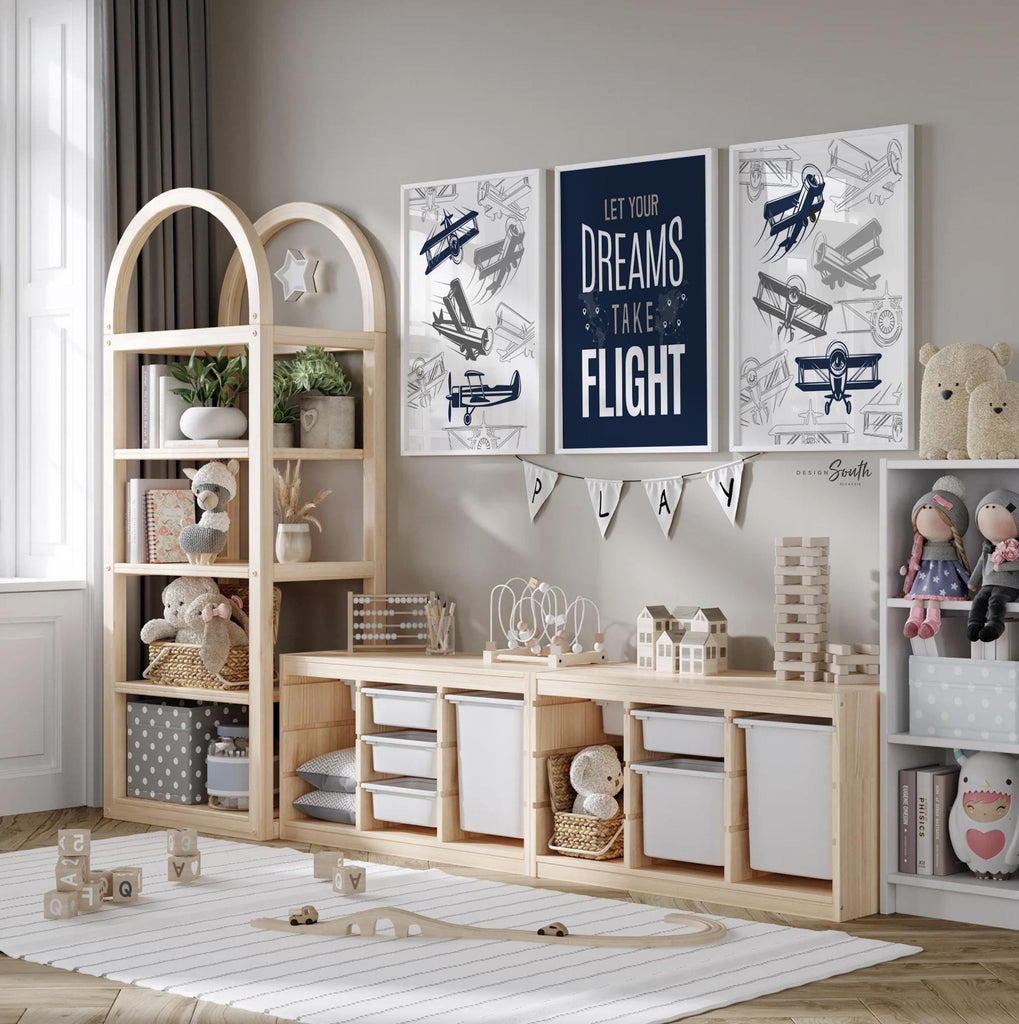 Transform your child&#39;s space with airplane-themed boys&#39; bedroom wall decor. Perfect for a flight transportation-themed room, this collection brings the wonder of aviation to life. Ideal for airplane kids&#39; rooms, nurseries, or bedrooms, these prints capture the spirit of adventure and the thrill of flight. A thoughtful pilot-themed newborn gift, this artwork inspires imagination and dreams of soaring through the skies. Elevate any space with this charming aviation-inspired decor.