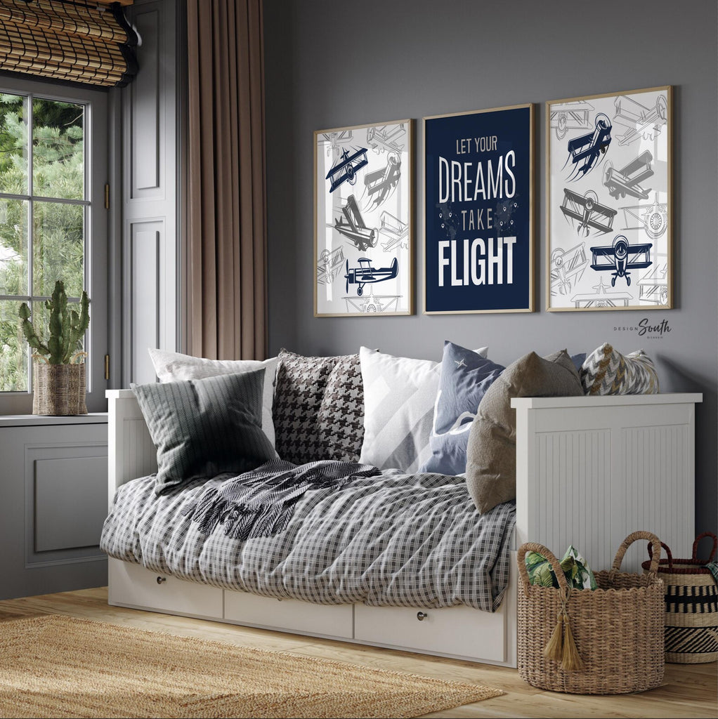 Transform your child&#39;s space with airplane-themed boys&#39; bedroom wall decor. Perfect for a flight transportation-themed room, this collection brings the wonder of aviation to life. Ideal for airplane kids&#39; rooms, nurseries, or bedrooms, these prints capture the spirit of adventure and the thrill of flight. A thoughtful pilot-themed newborn gift, this artwork inspires imagination and dreams of soaring through the skies. Elevate any space with this charming aviation-inspired decor.